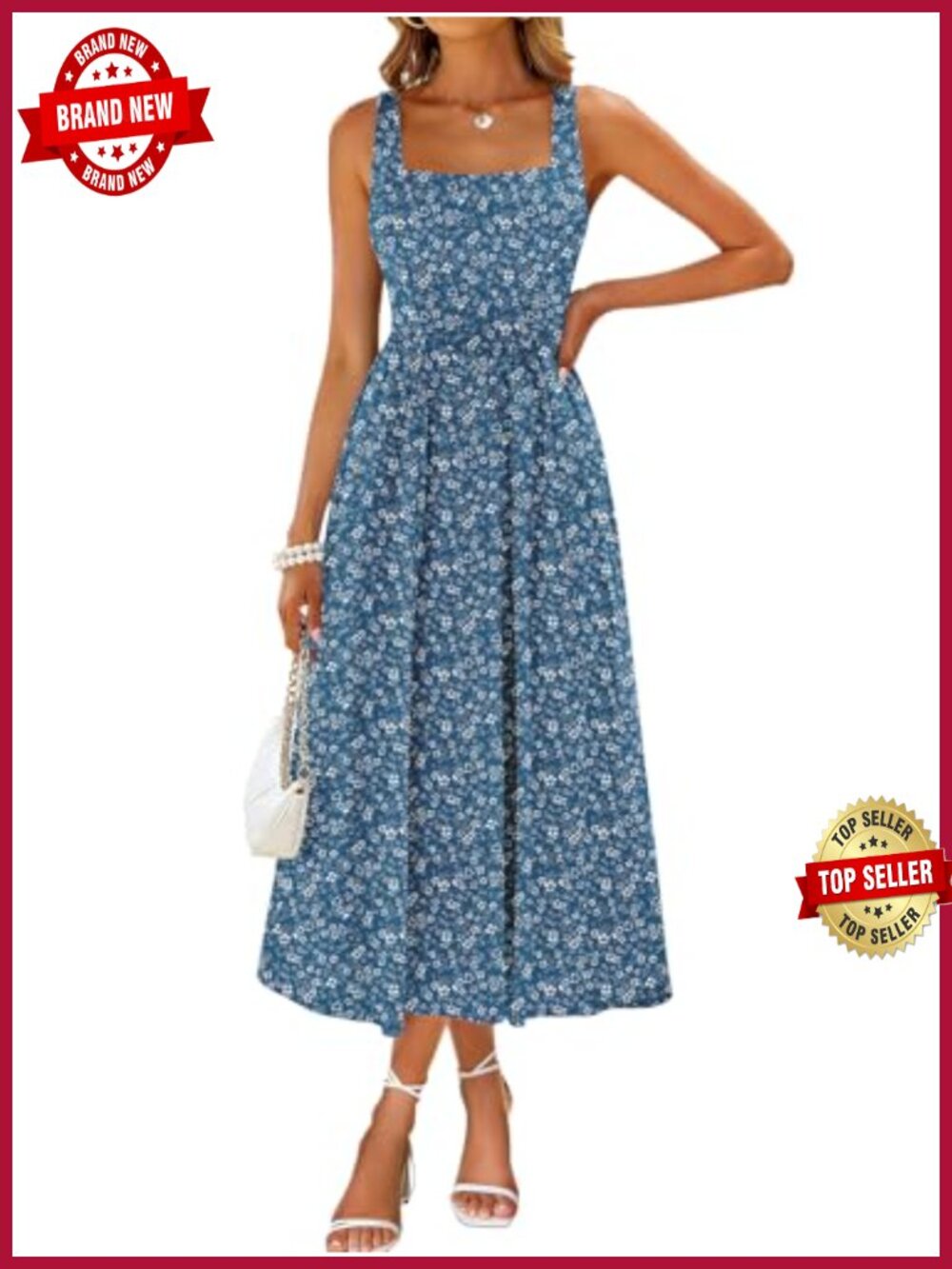 Midi Dress Square Neck Sleeveless A-Line Sundress with Pockets